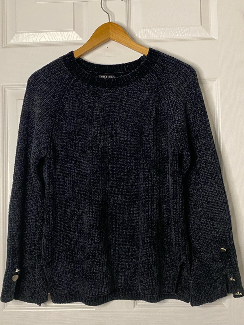 Black Chenille Crewneck Sweater with Button Cuff Accent #6